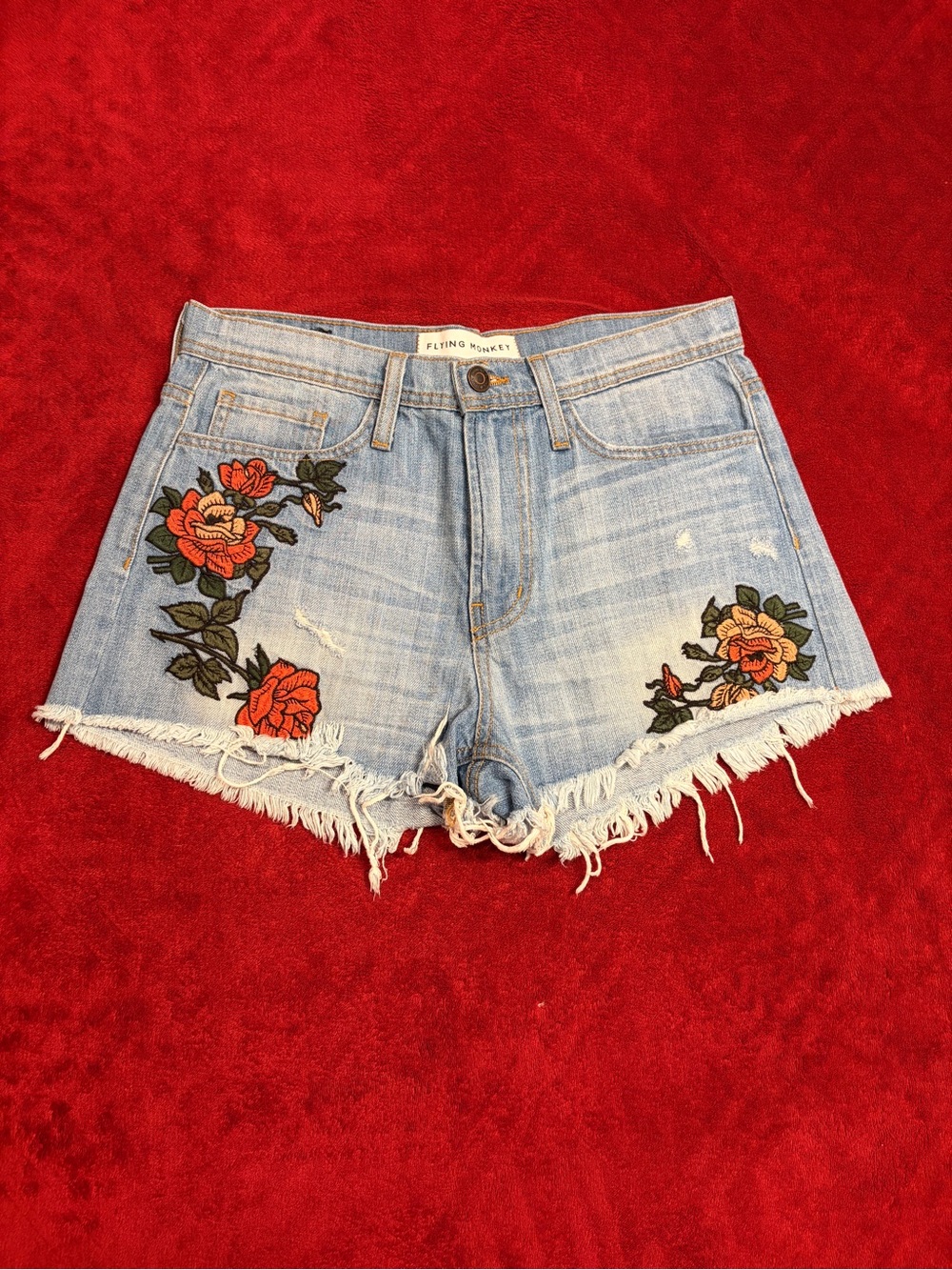 Flying Monkey Denim Shorts w/ Floral Embroidery